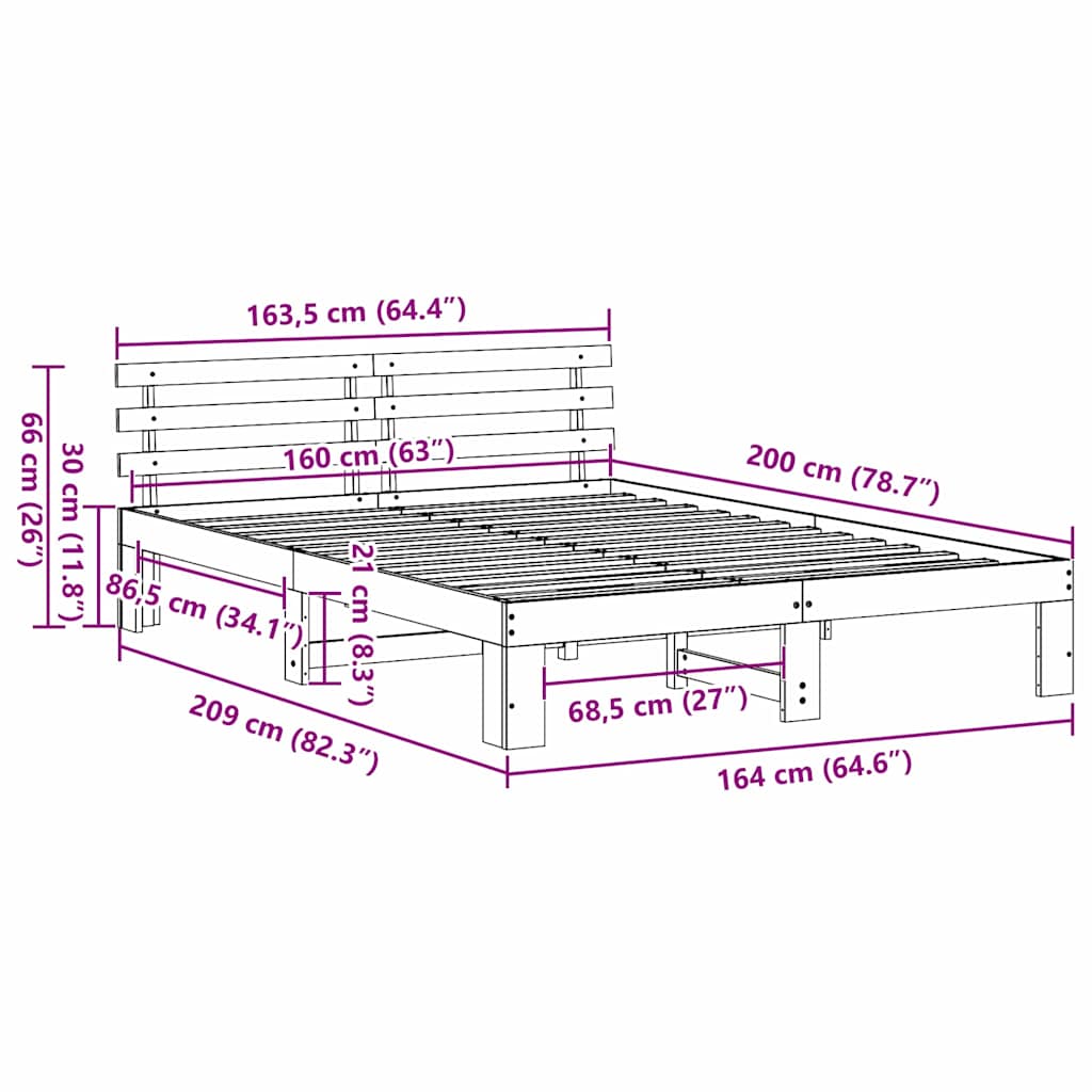 Sengestel med hovedgærde Hvid 160 x 200 cm Massiv fyrretræ