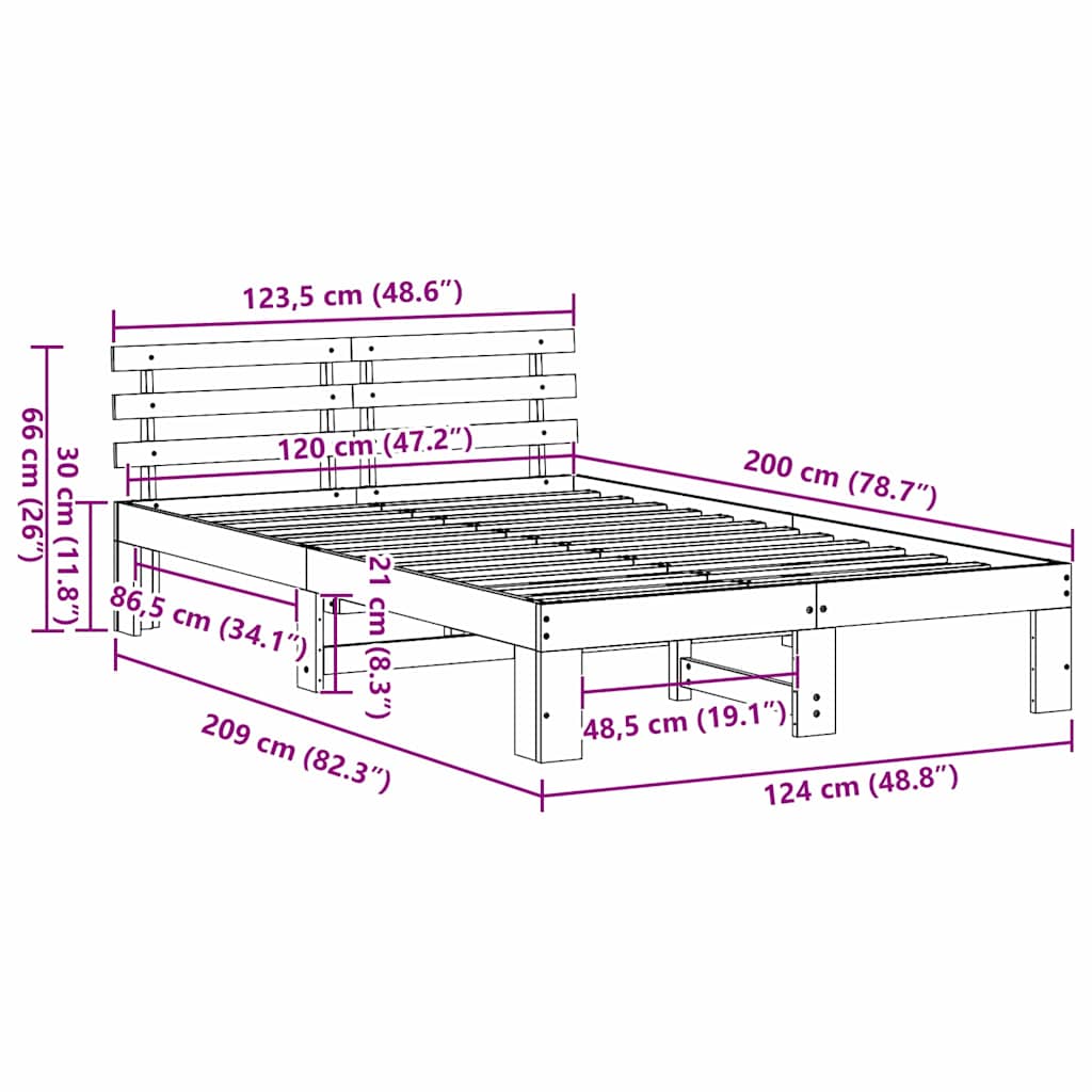 Sengestel med hovedgærde Hvid 120 x 200 cm Massiv fyrretræ