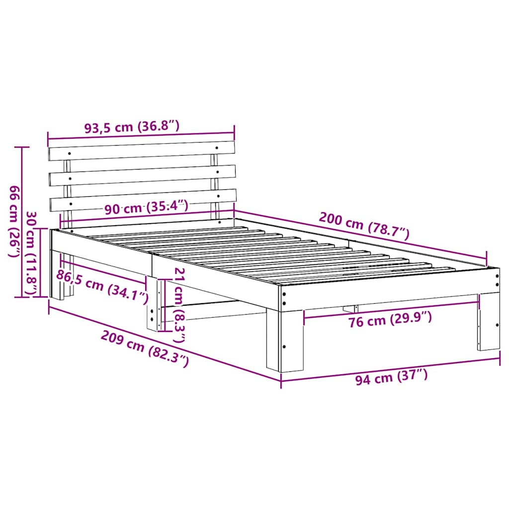 Sengestel med hovedgærde Hvid 90 x 200 cm Massiv fyrretræ