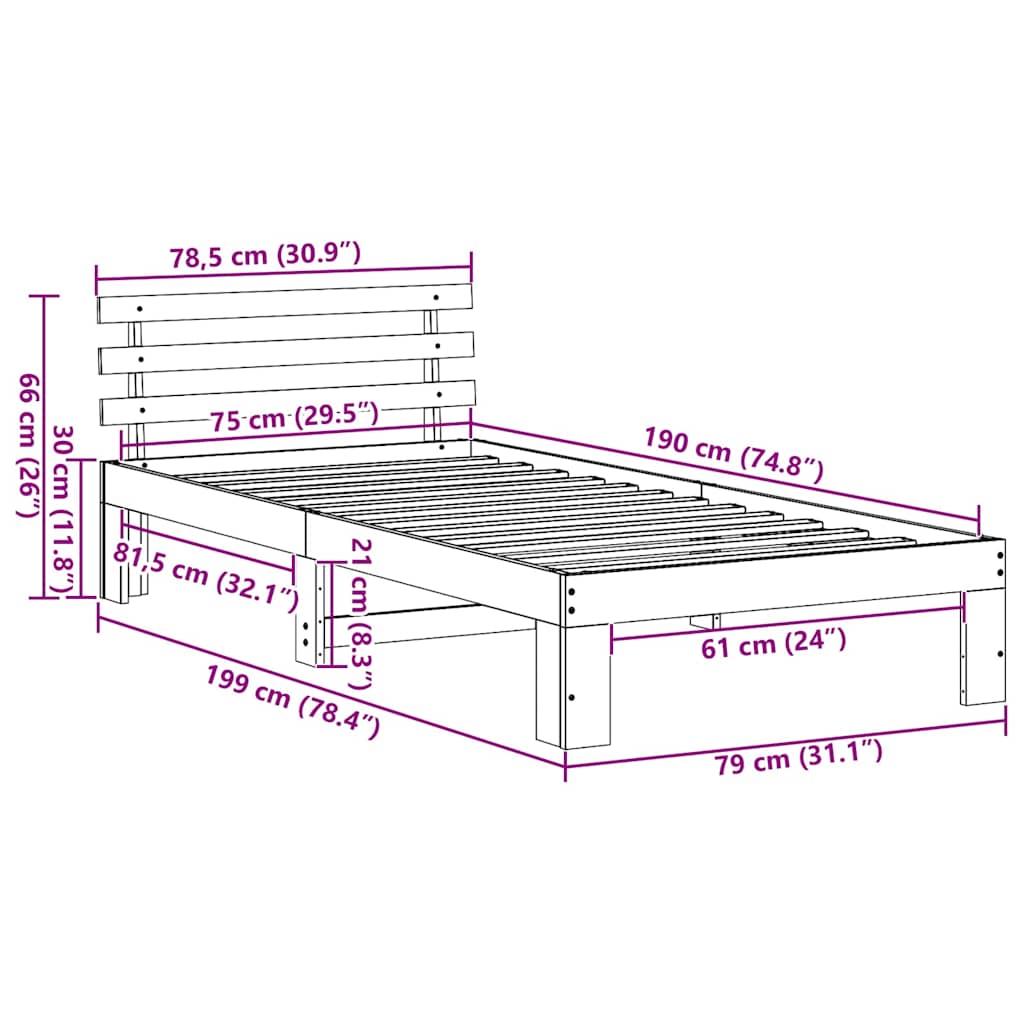 Sengestel med hovedgærde Voks brun 75 x 190 cm Massiv fyrretræ