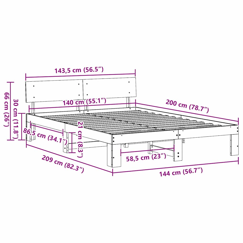 Sengestel med hovedgærde Hvid 140 x 200 cm Massiv fyrretræ