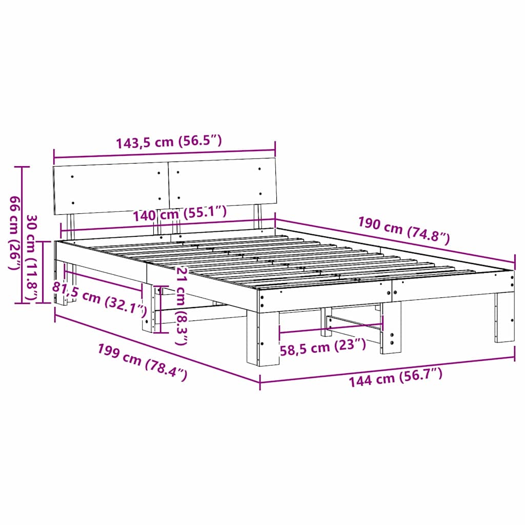 Sengestel med hovedgærde Voks brun 140 x 190 cm Massiv fyrretræ