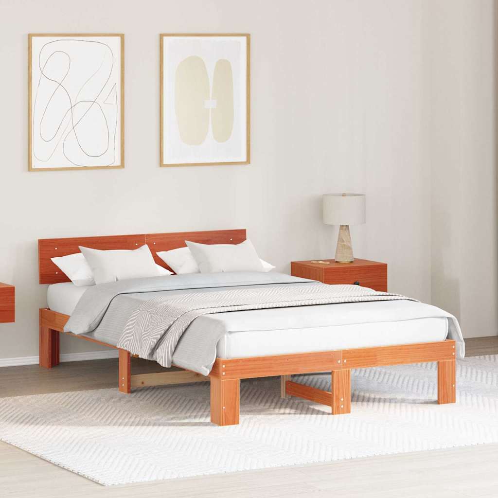 Sengestel med hovedgærde Voks brun 135 x 190 cm Massiv fyrretræ