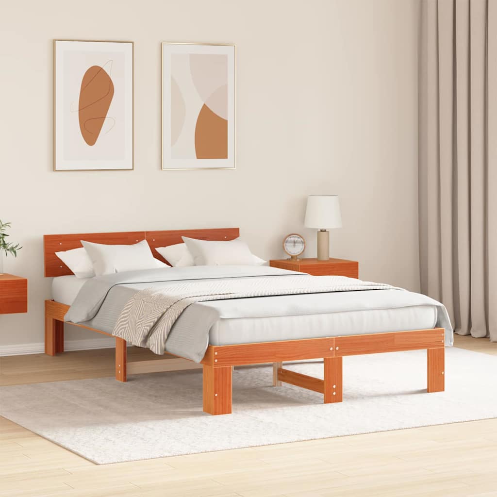 Sengestel med hovedgærde Voks brun 135 x 190 cm Massiv fyrretræ