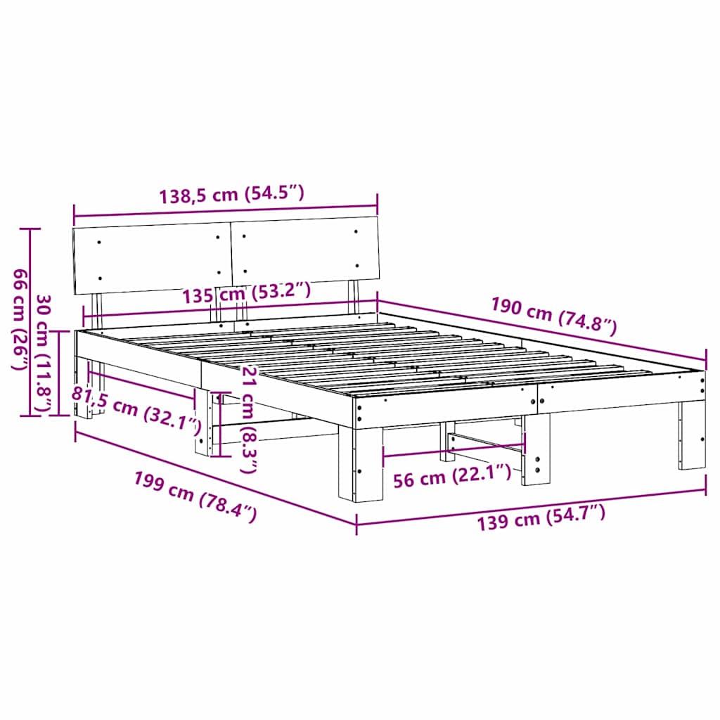 Sengestel med hovedgærde Voks brun 135 x 190 cm Massiv fyrretræ