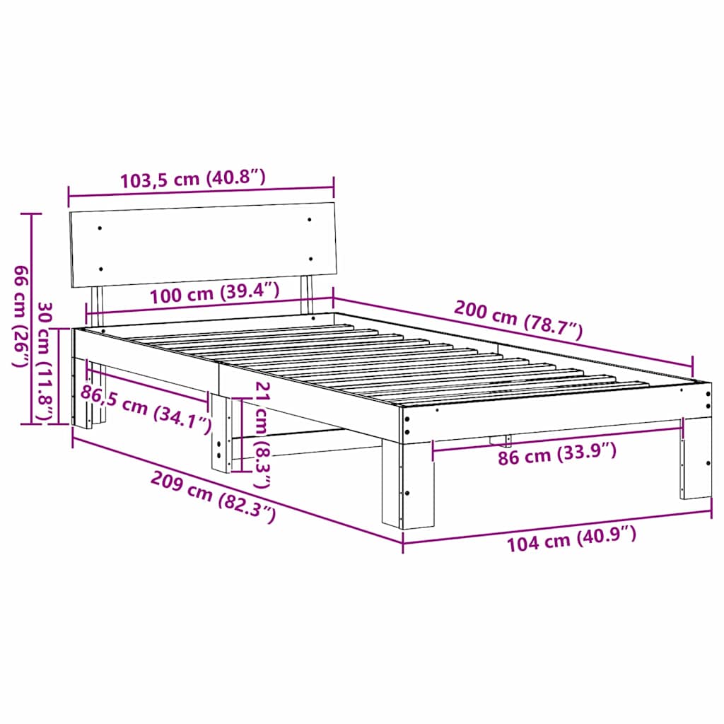 Sengestel med hovedgærde Hvid 100 x 200 cm Massiv fyrretræ