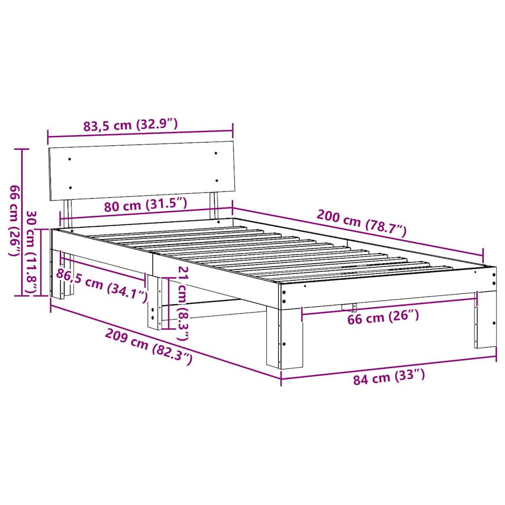 Sengestel med hovedgærde Voks brun 80 x 200 cm Massiv fyrretræ