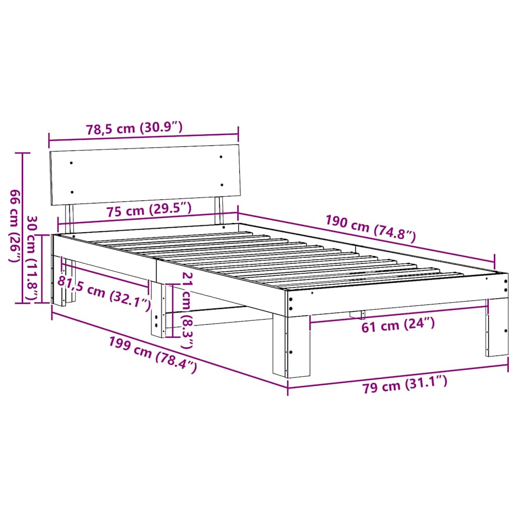 Sengestel med hovedgærde Hvid 75 x 190 cm Massiv fyrretræ