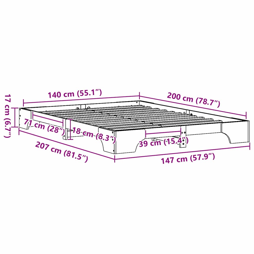 Sengestel Naturfarvet 140 x 200 cm Massiv fyrretræ