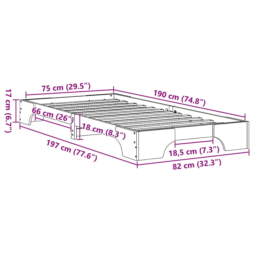 Sengestel Hvid 75 x 190 cm Massiv fyrretræ