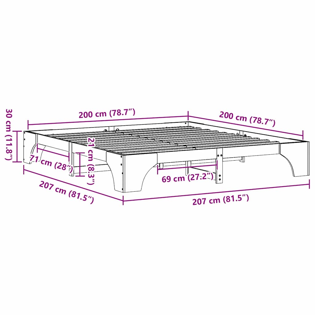 Sengestel Naturfarvet 200 x 200 cm Massiv fyrretræ