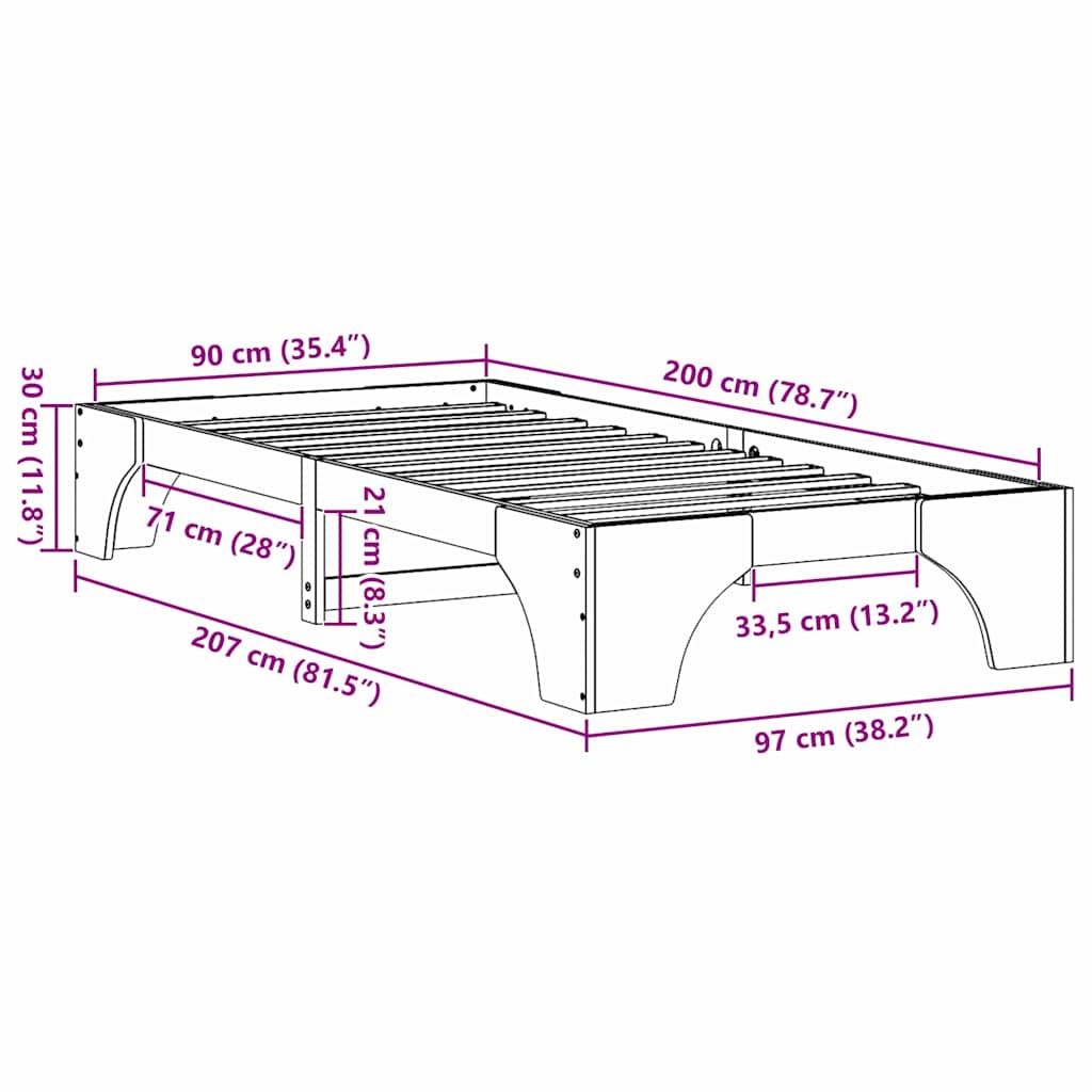 Sengestel Hvid 90 x 200 cm Massiv fyrretræ