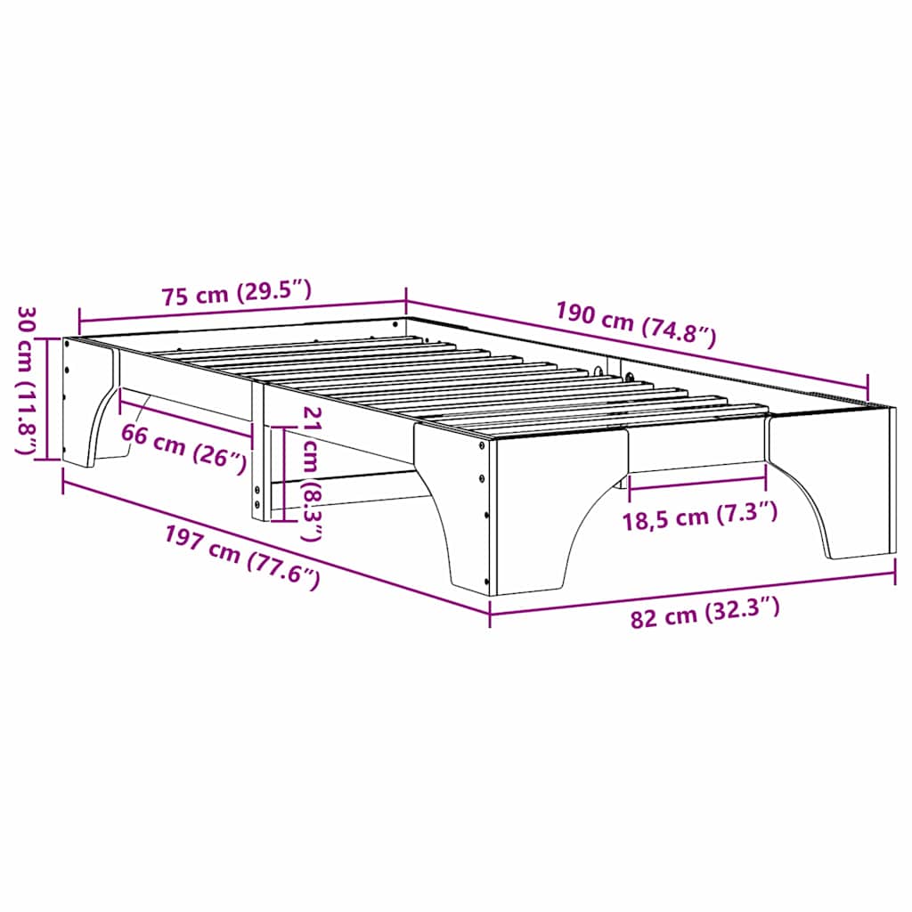 Sengestel Hvid 75 x 190 cm Massiv fyrretræ