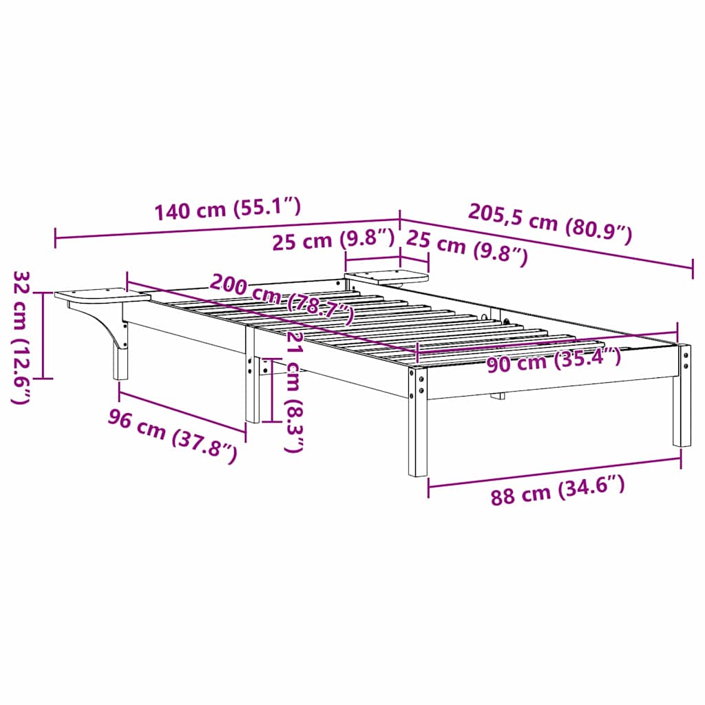 Sengestel Naturfarvet 90 x 200 cm Massiv fyrretræ