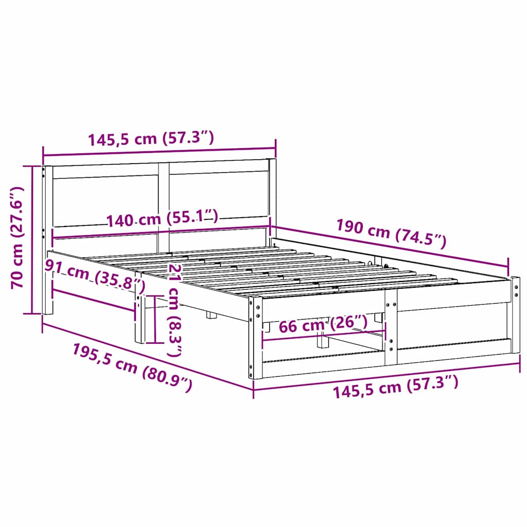 Sengestel med hovedgærde Hvid 140 x 190 cm Massiv fyrretræ