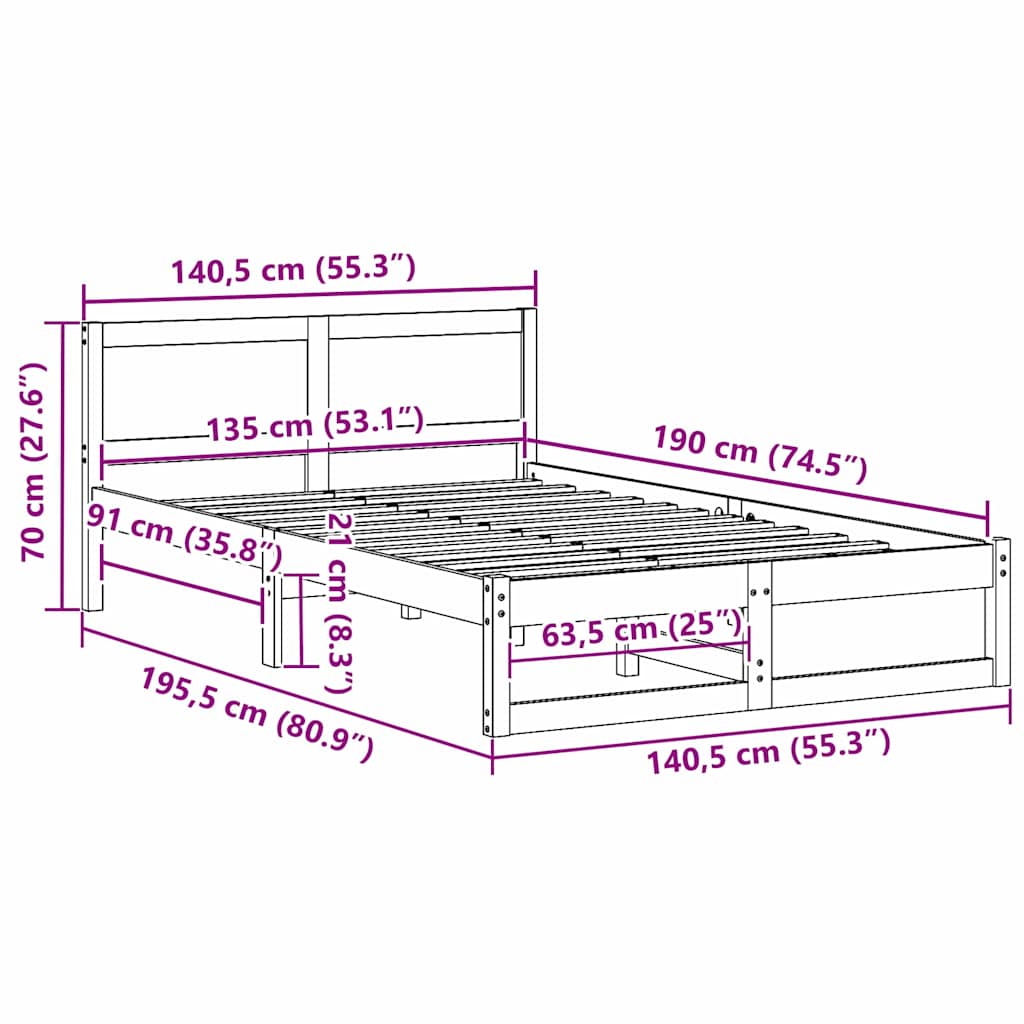 Sengestel med hovedgærde Hvid 135 x 190 cm Massiv fyrretræ