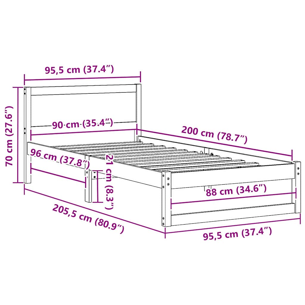 Sengestel Naturfarvet 90 x 200 cm Massiv fyrretræ