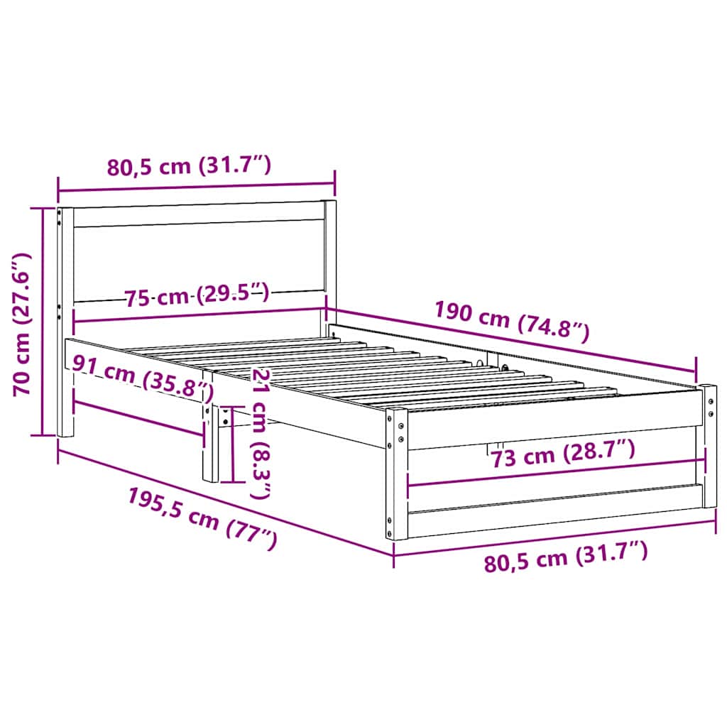 Sengestel med hovedgærde Hvid 75 x 190 cm Massiv fyrretræ
