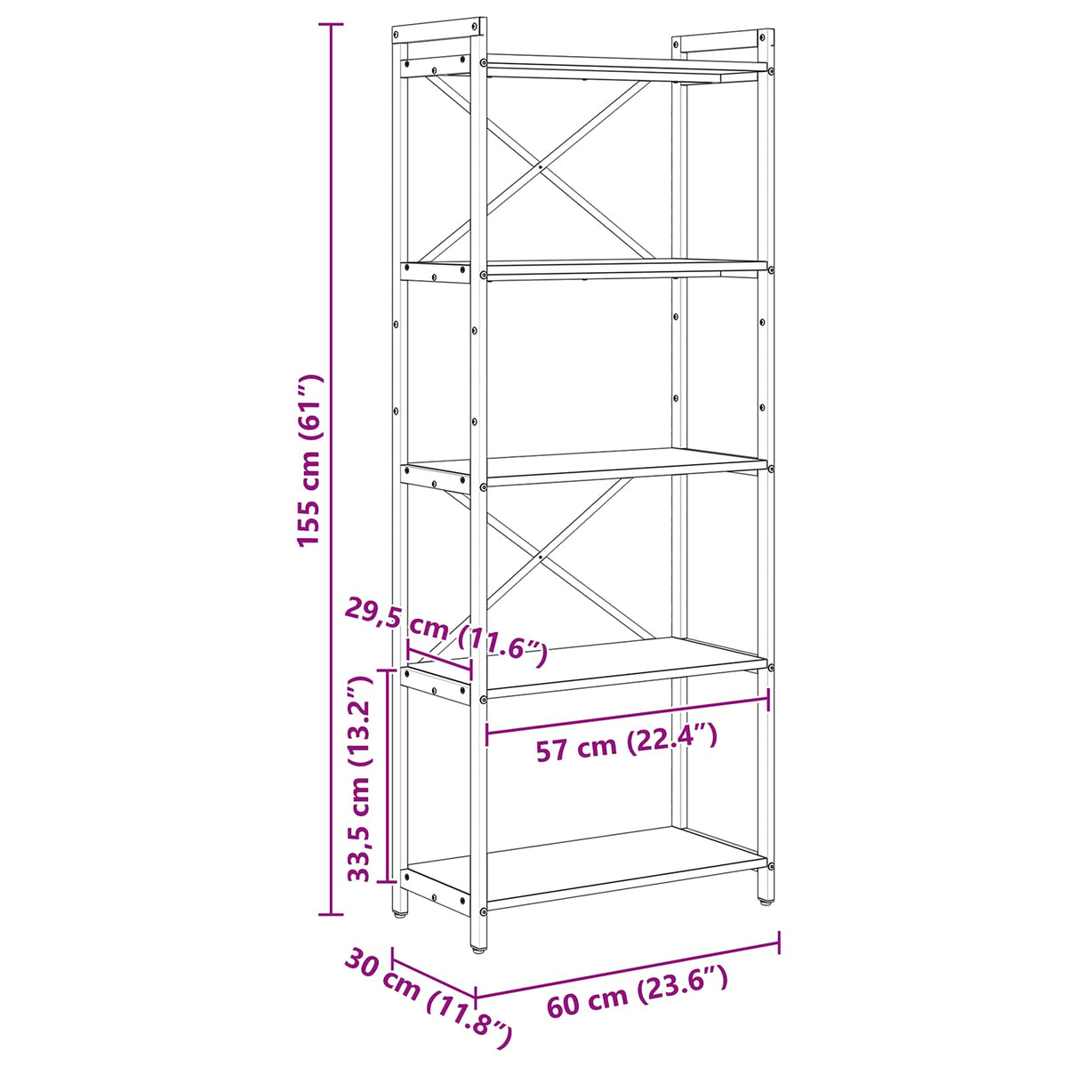 Bogreol 60 x 30 x 155 cm Konstrueret træ Sonoma eg
