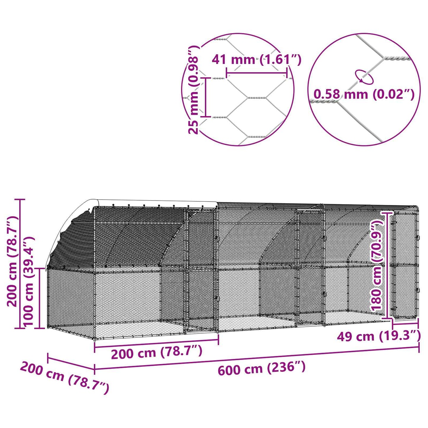 Hønsebur med 3 låger 3 stk. Sølv 600x200x200cm Stål og PE