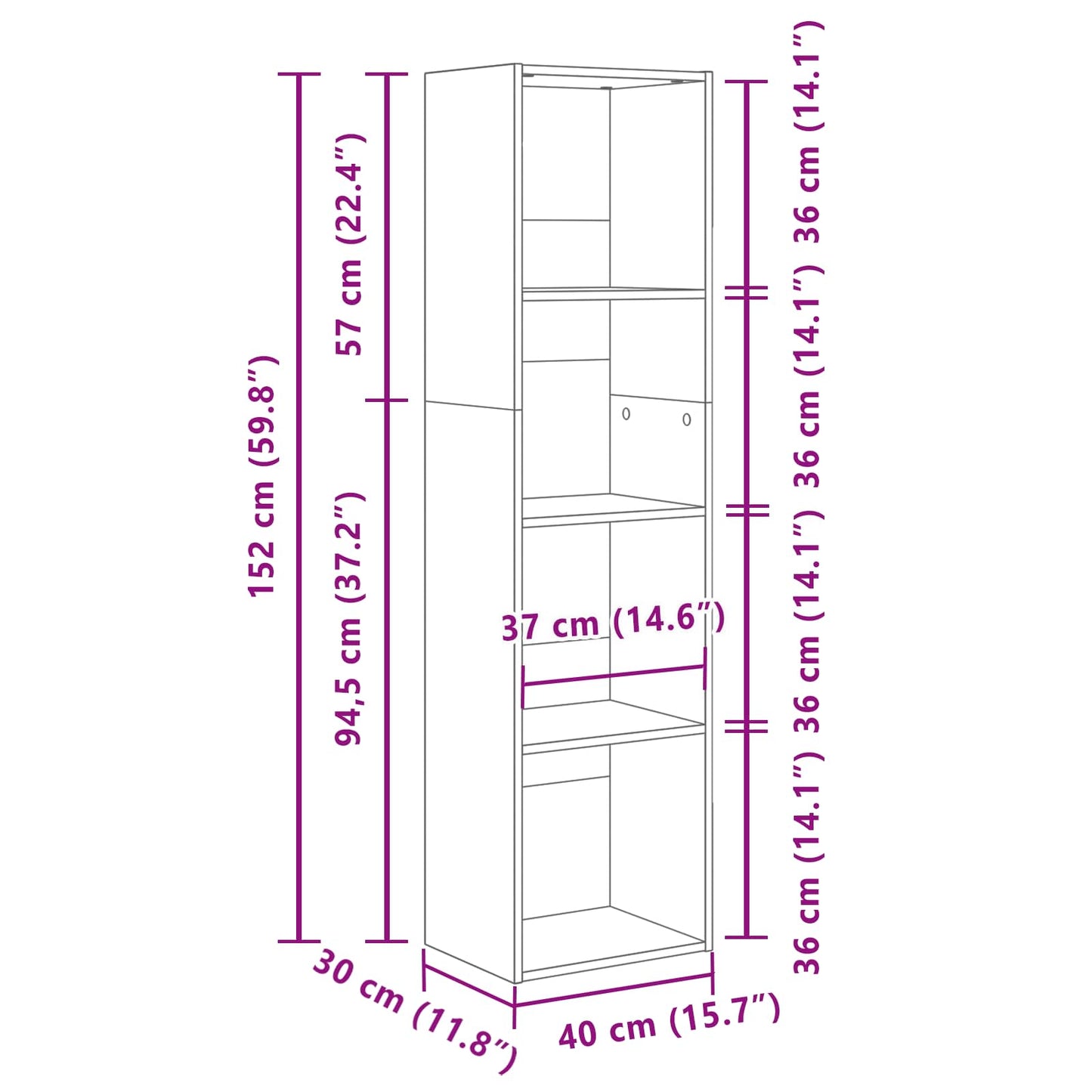 Bogreol 4 niveauer 40 x 30 x 152 cm Konstrueret træ Sort eg