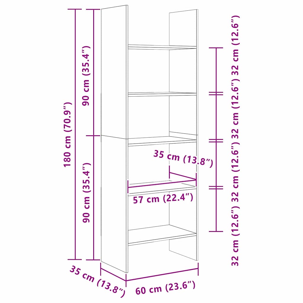 Bogskab 5 niveauer 60 x 35 x 180 cm Konstrueret træ Gammelt træ