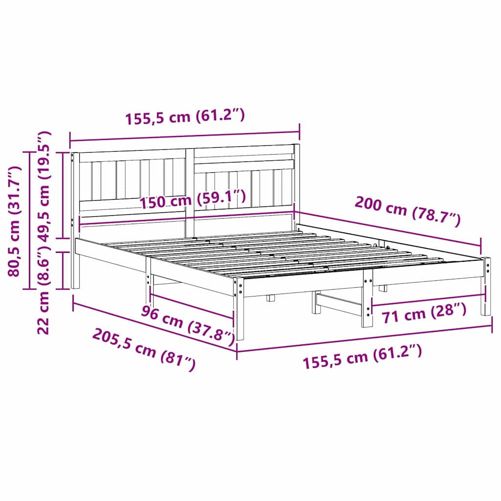 Sengestel med hovedgærde Hvid 150 x 200 cm Massiv fyrretræ