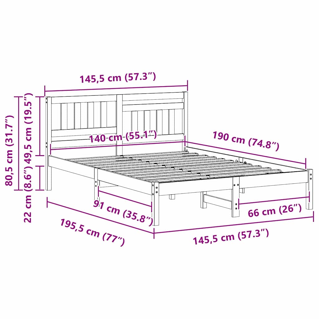 Sengestel med hovedgærde Voks brun 140 x 190 cm Massiv fyrretræ