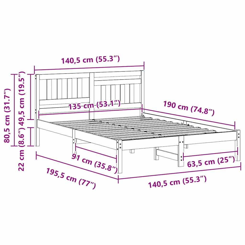 Sengestel med hovedgærde Brun 135 x 190 cm Massiv fyrretræ