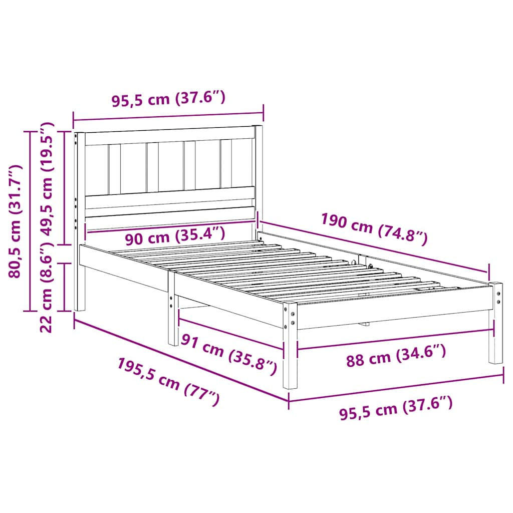 Sengestel med hovedgærde Brun 90 x 190 cm Massiv fyrretræ