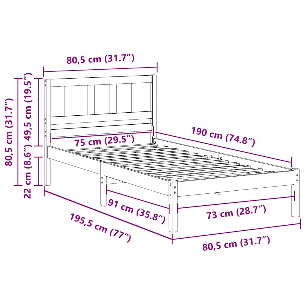 Sengestel med hovedgærde Brun 75 x 190 cm Massiv fyrretræ