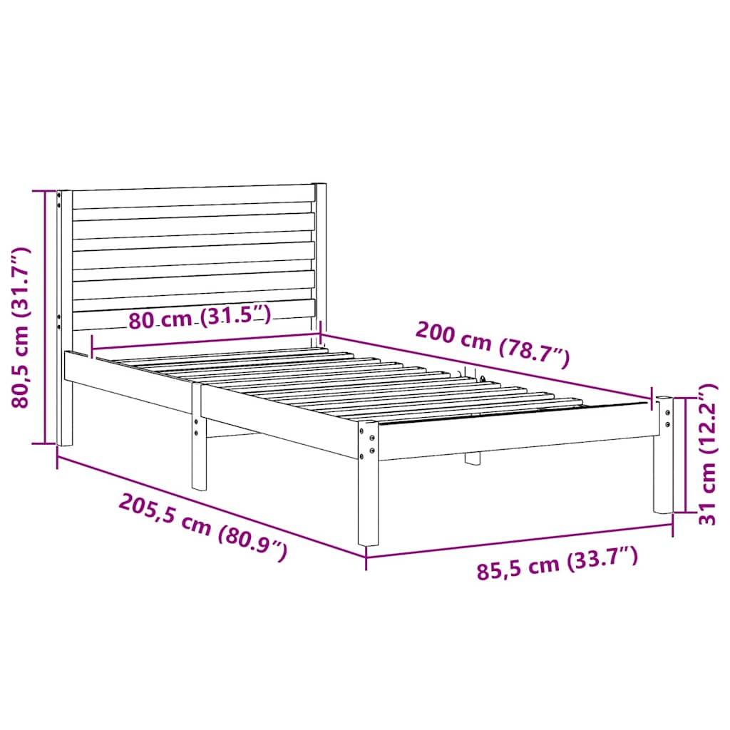 Sengestel med hovedgærde Hvid 80 x 200 cm Massiv fyrretræ