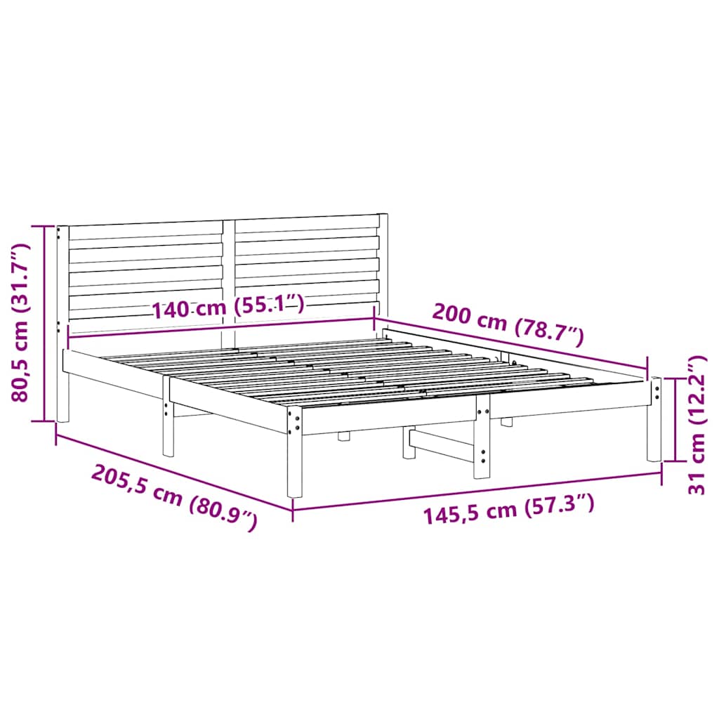 Sengestel med hovedgærde Hvid 140 x 200 cm Massiv fyrretræ