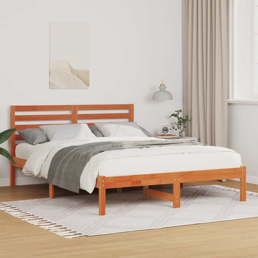 Sengestel med hovedgærde Voks brun 135 x 190 cm Massiv fyrretræ