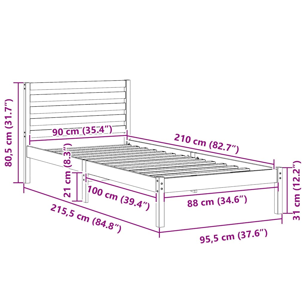 Sengestel med hovedgærde Hvid 90 x 210 cm Massiv fyrretræ