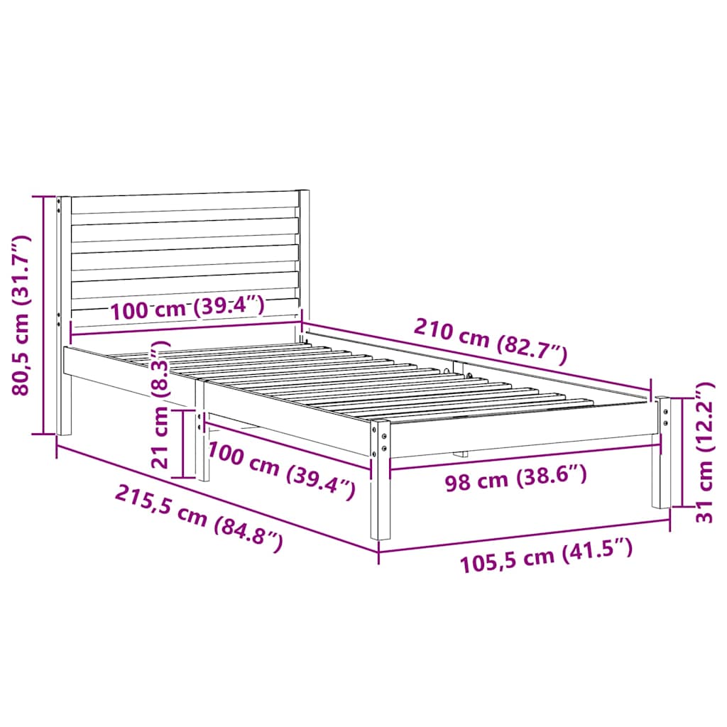 Sengestel med hovedgærde Brun 100 x 210 cm Massiv fyrretræ