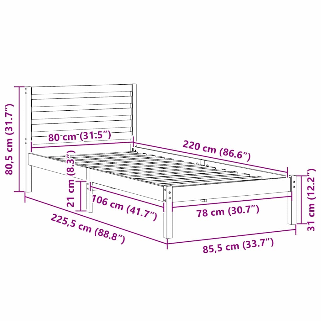 Sengestel med hovedgærde Hvid 80 x 220 cm Massiv fyrretræ