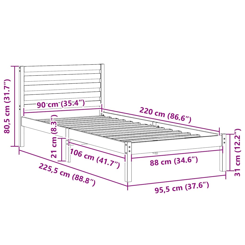 Sengestel med hovedgærde Hvid 90 x 220 cm Massiv fyrretræ