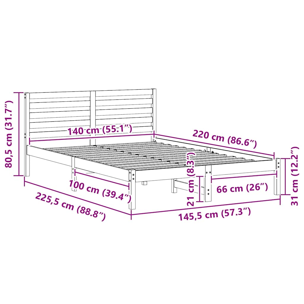 Sengestel med hovedgærde Voks brun 140 x 220 cm Massiv fyrretræ
