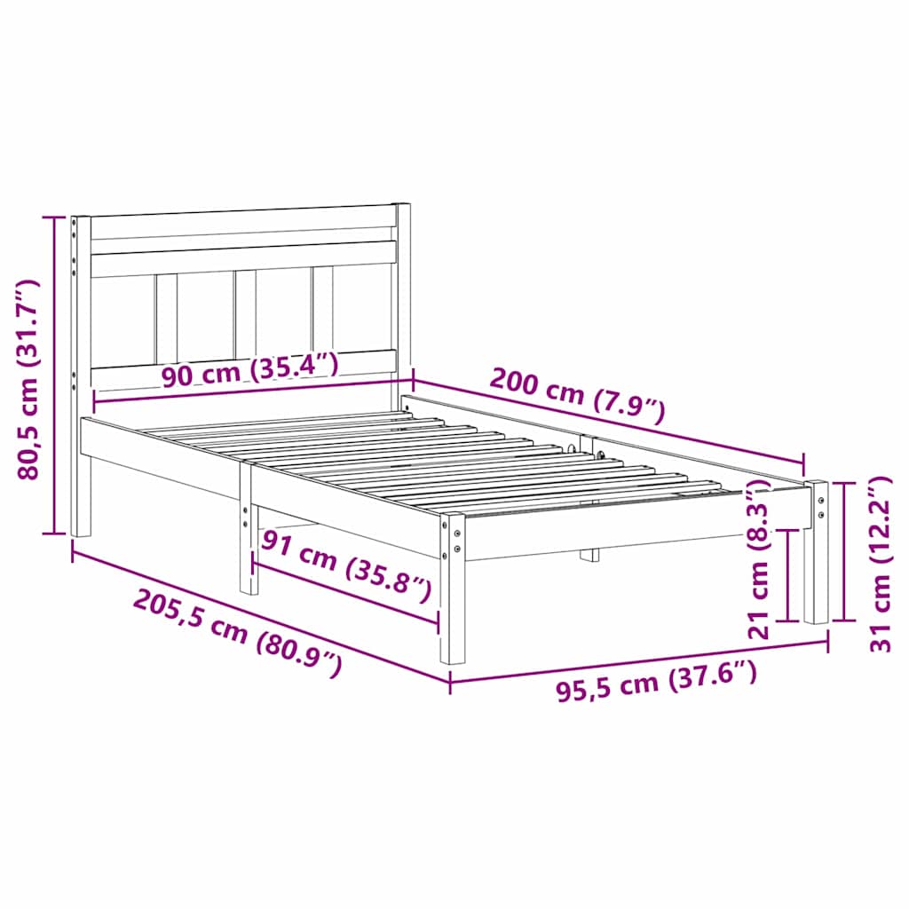 Sengestel Hvid 90 x 200 cm Massiv fyrretræ