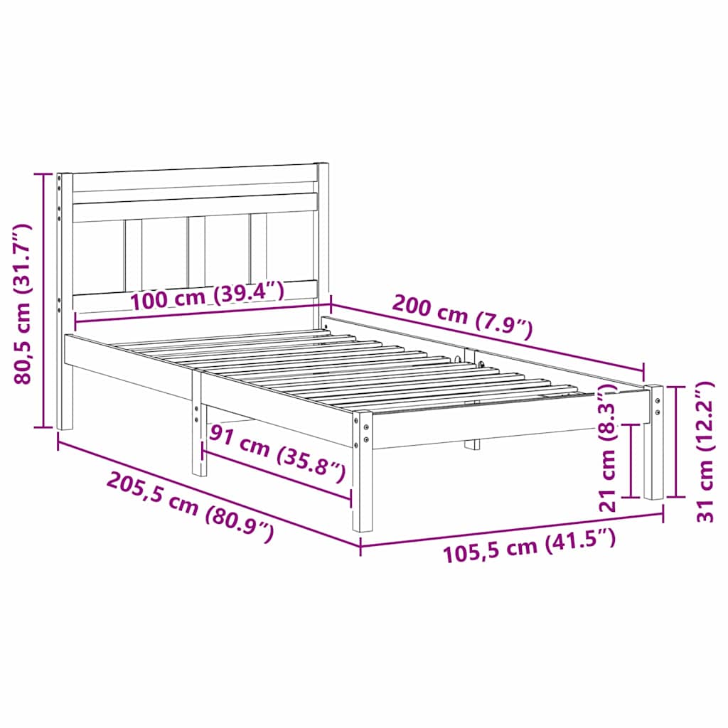 Sengestel Brun 100 x 200 cm Massiv fyrretræ