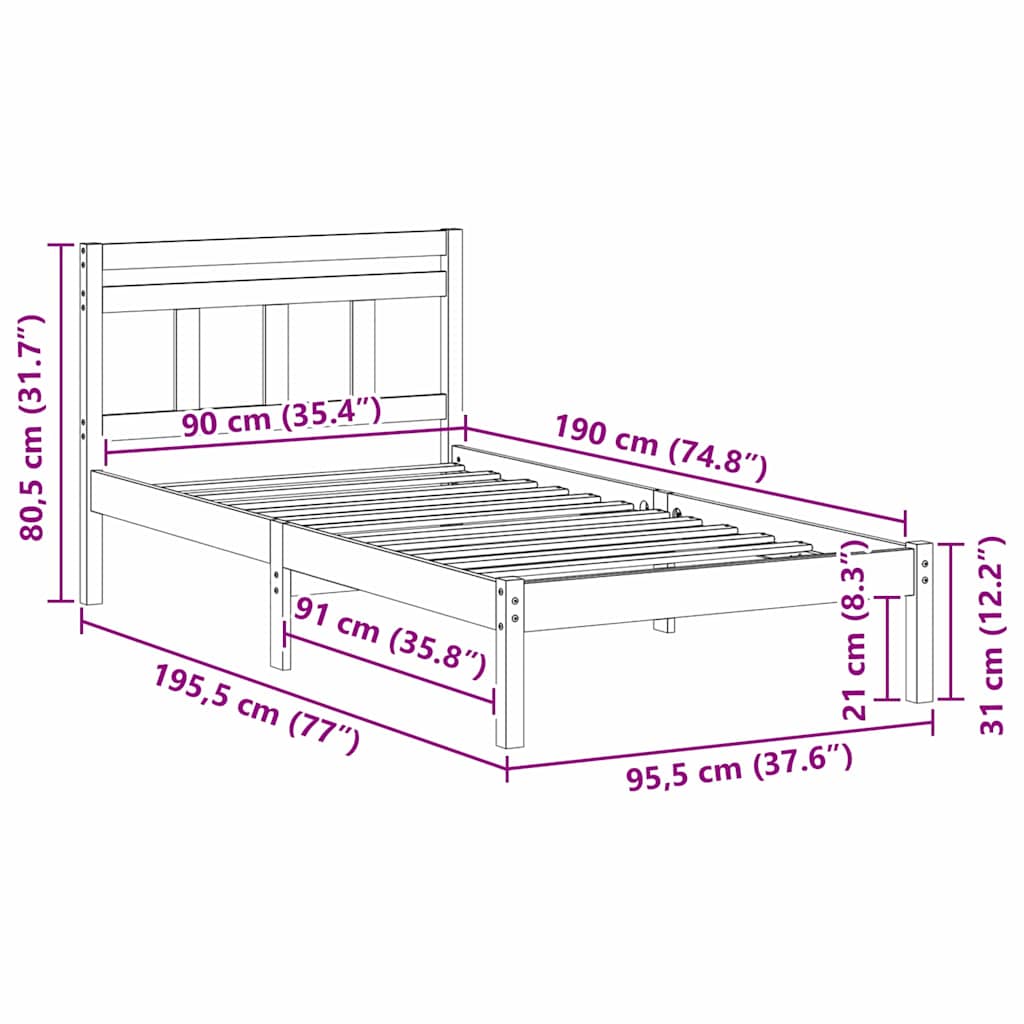 Sengestel Hvid 90 x 190 cm Massiv fyrretræ