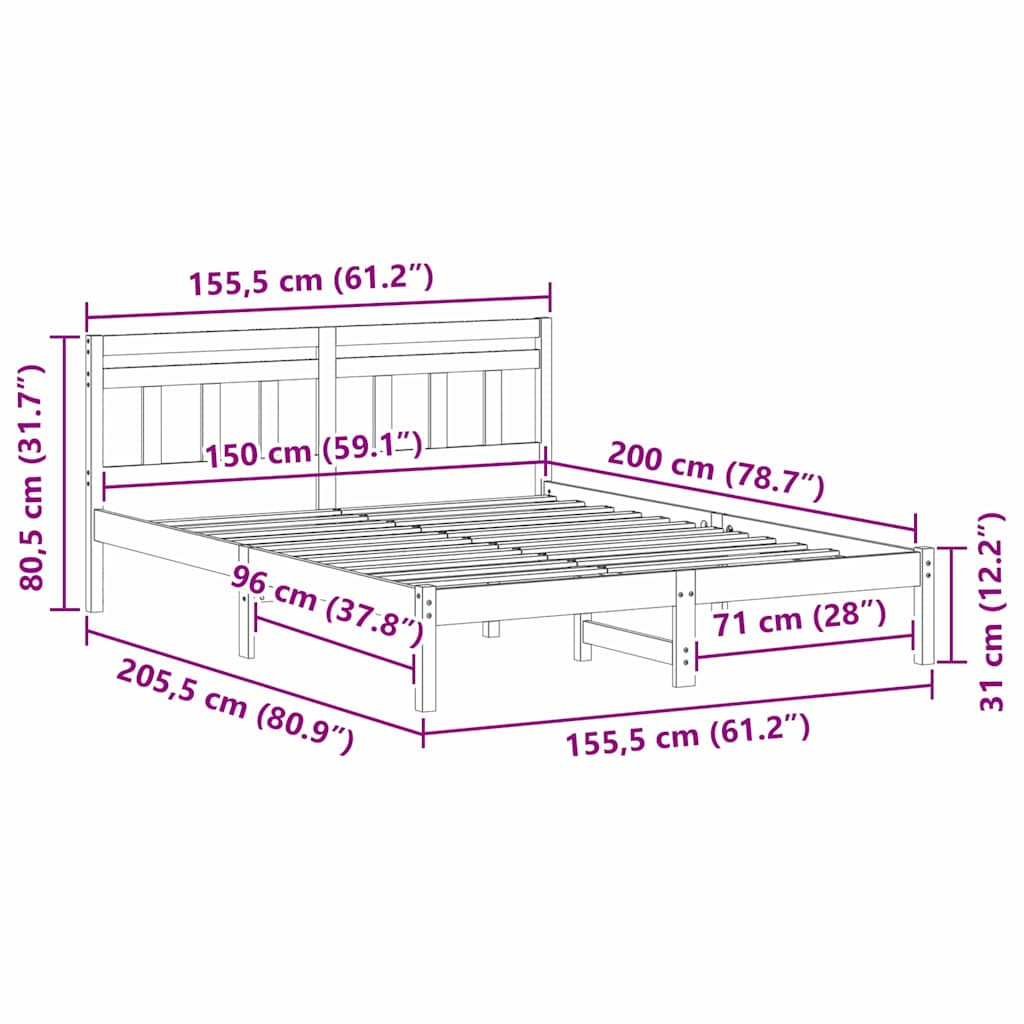 Sengestel Hvid 150 x 200 cm Massiv fyrretræ