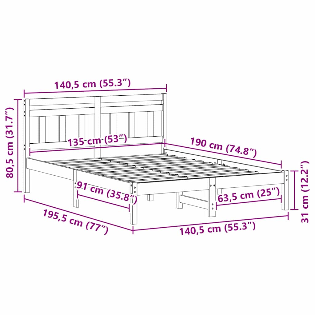 Sengestel Hvid 135 x 190 cm Massiv fyrretræ