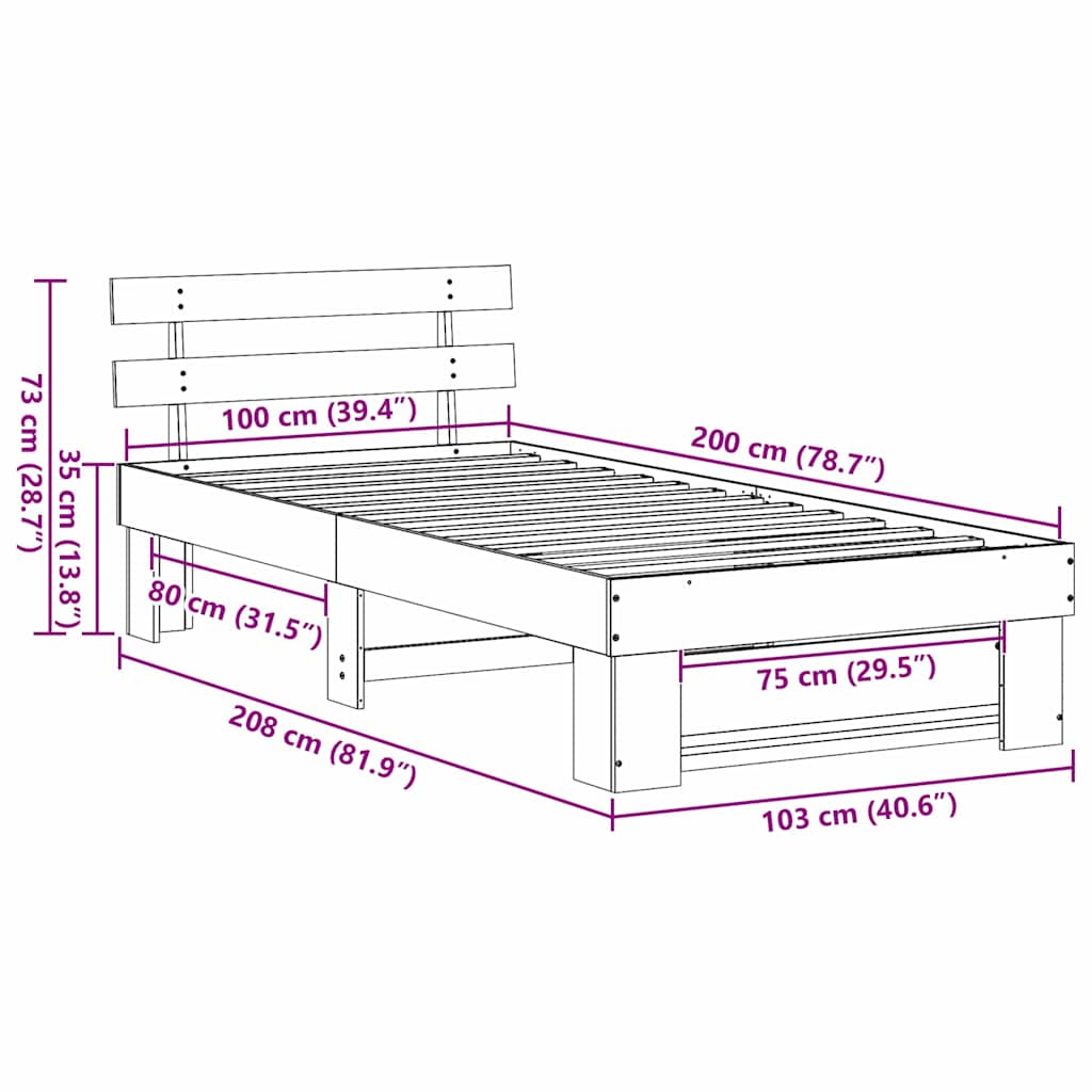 Sengestel med hovedgærde Brun 100 x 200 cm Massiv fyrretræ