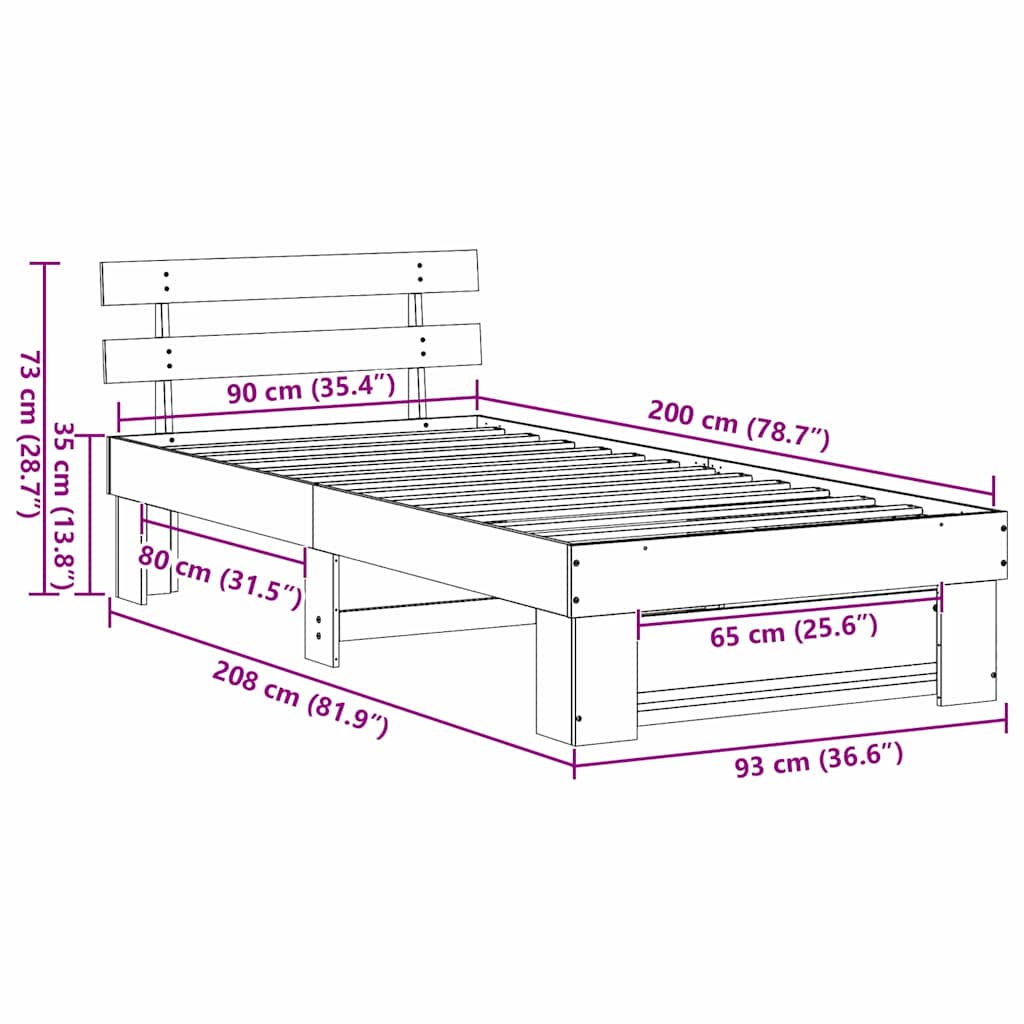 Sengestel med hovedgærde Brun 90 x 200 cm Massiv fyrretræ