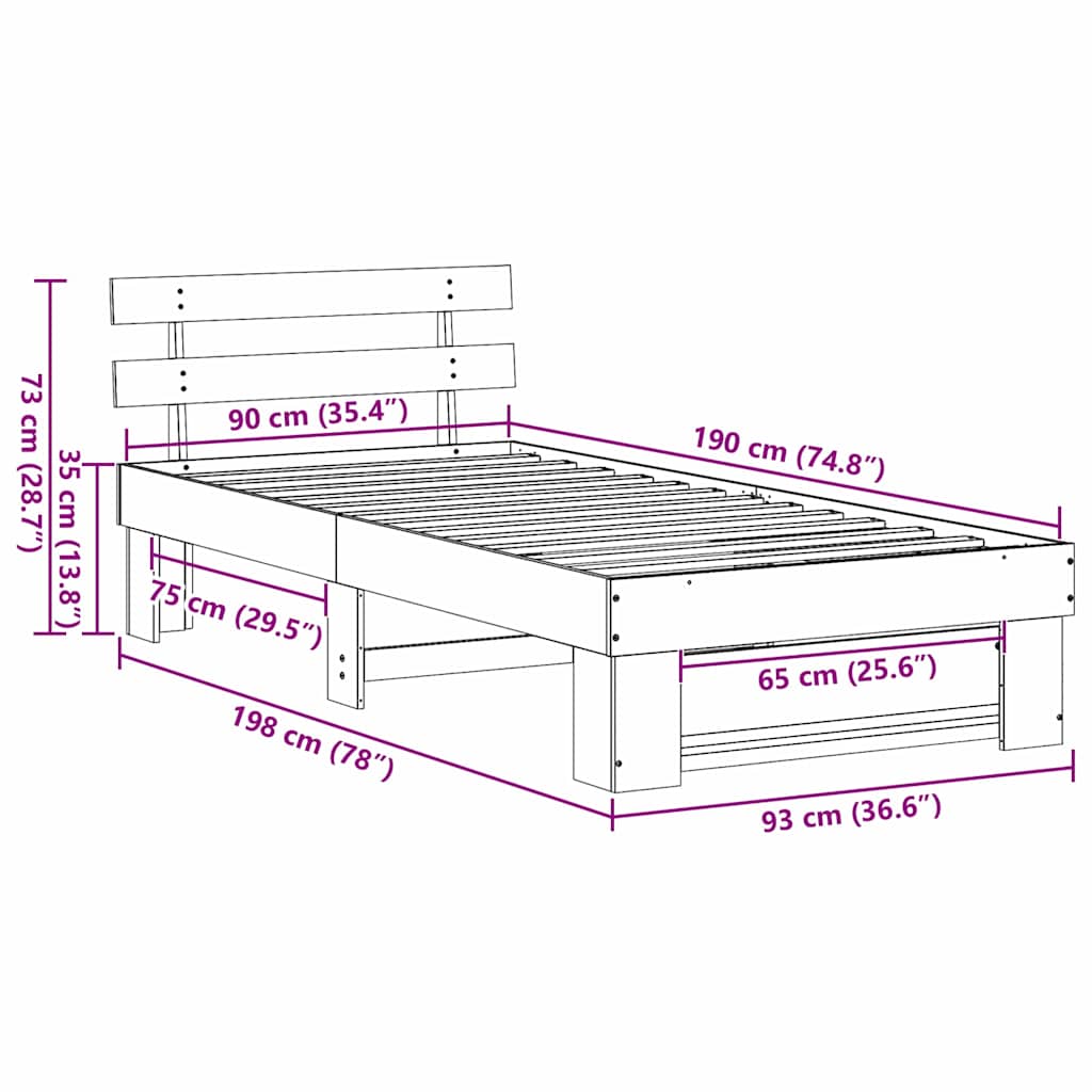 Sengestel med hovedgærde Hvid 90 x 190 cm Massiv fyrretræ
