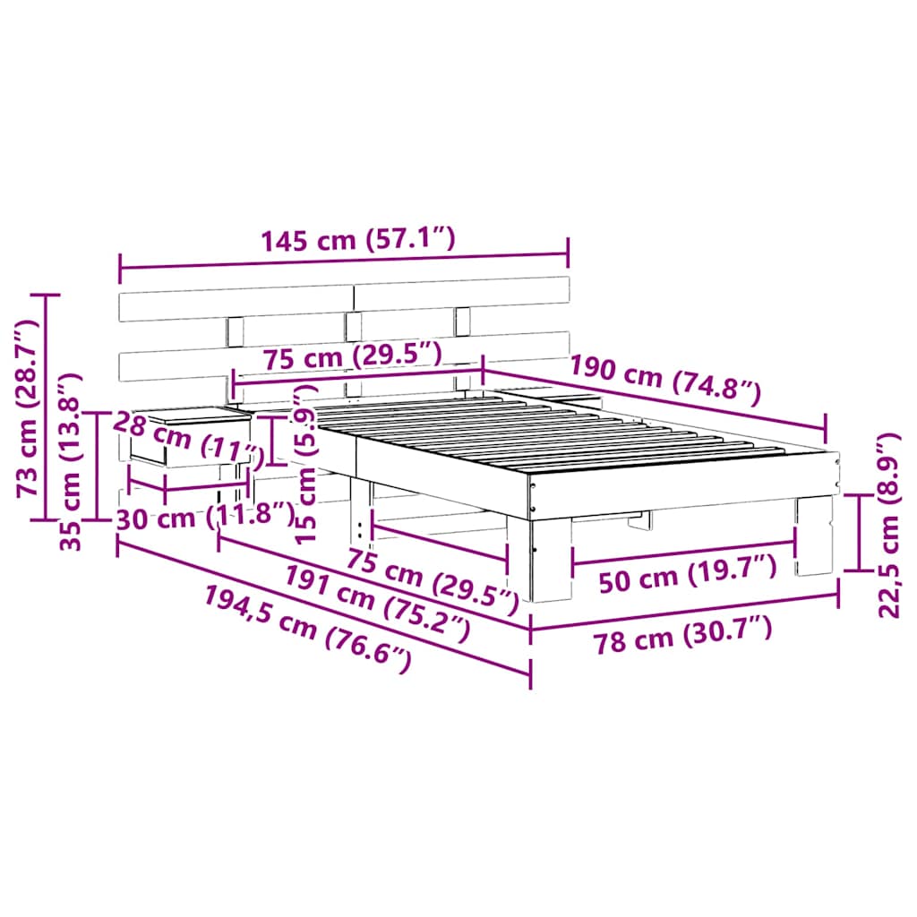 Sengestel med hovedgærde Brun 75 x 190 cm Massiv fyrretræ
