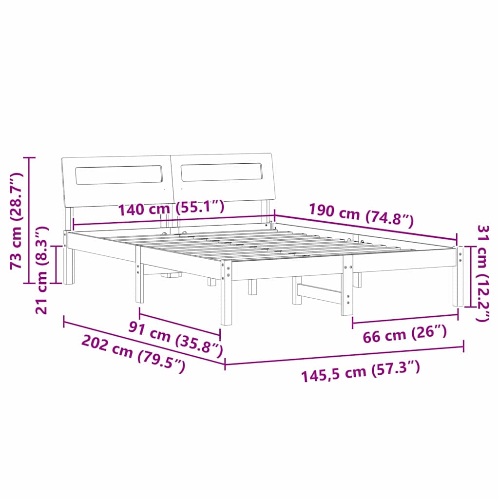 Sengestel med hovedgærde Brun 140 x 190 cm Massiv fyrretræ