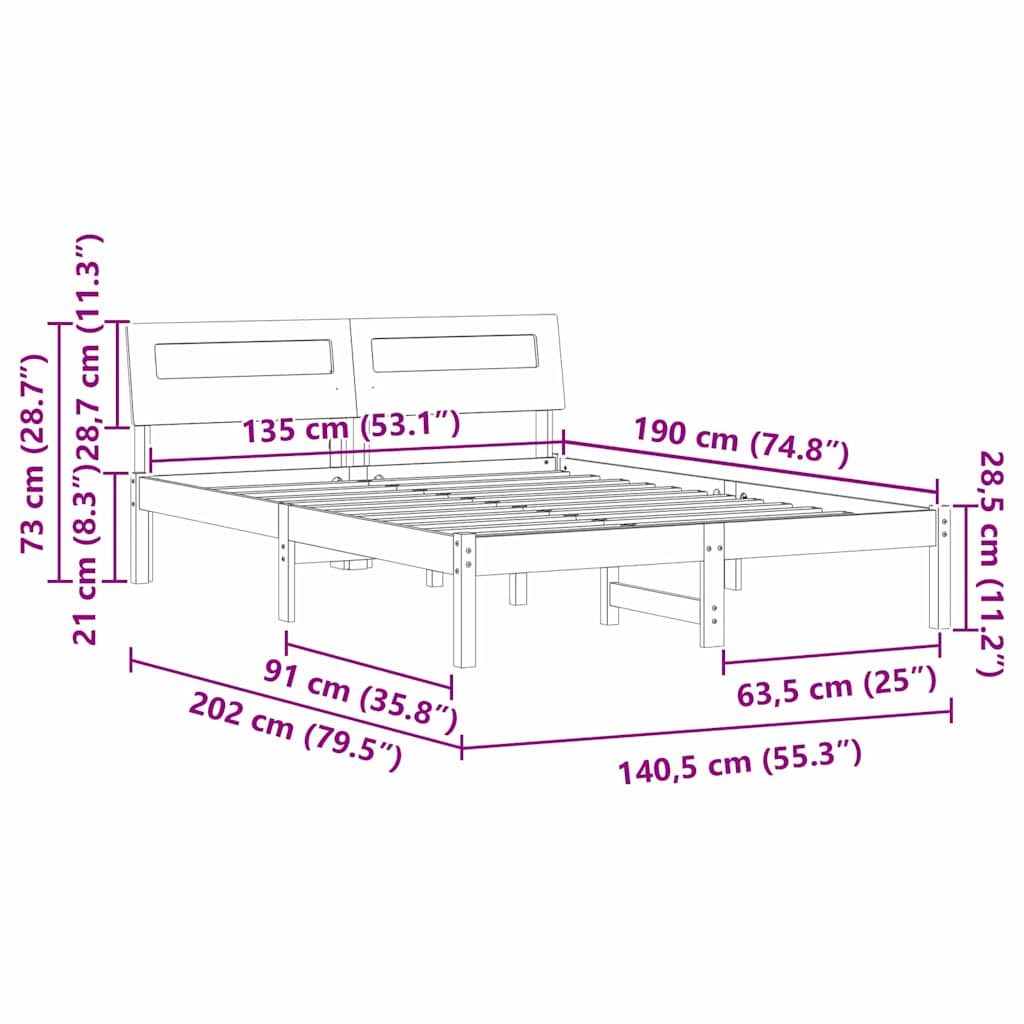Sengestel med hovedgærde Brun 135 x 190 cm Massiv fyrretræ